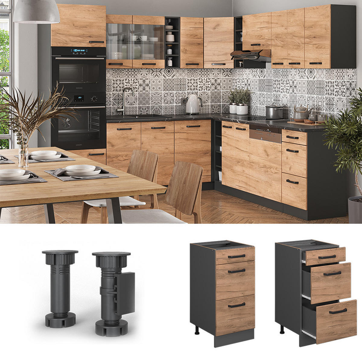 KÜCHENUNTERSCHRANK R-Line Goldkraft Eiche 40 cm mit Schubladen ohne AP - Anthrazit/Eiche Wotan, Holzwerkstoff (40/81.6/46cm) - Vicco