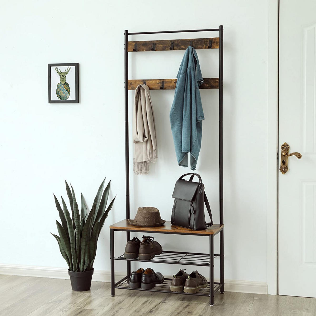 GARDEROBENSTÄNDER Rustikal Braun 70x32 cm HSR41BX Mit Sitzfläche - Schwarz, Metall (70/175/32cm) - Edanti