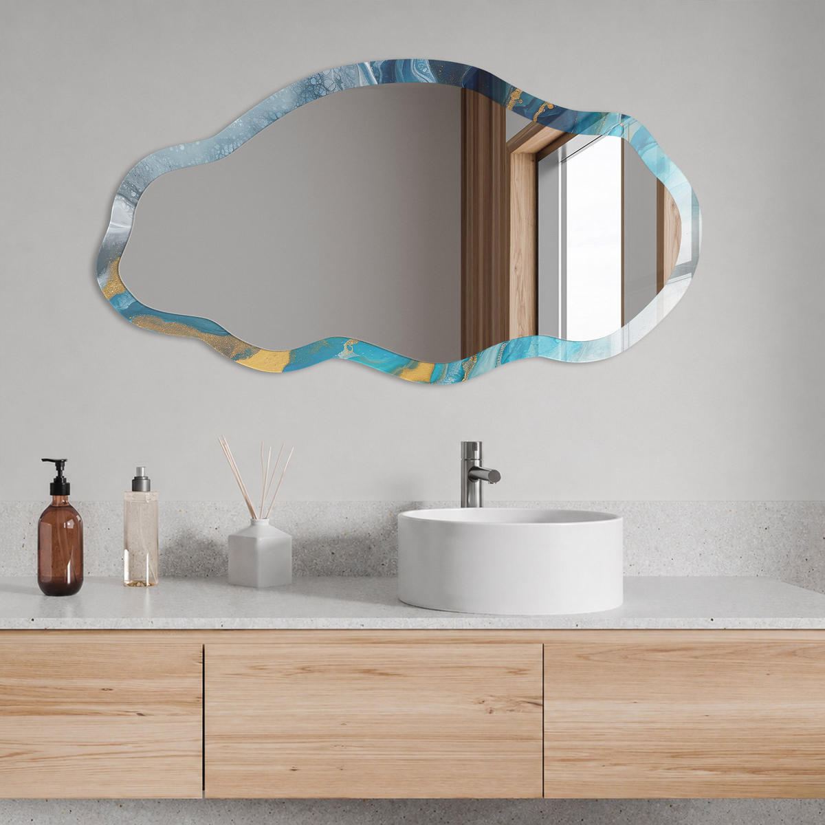 SPIEGEL 90x45 cm asymmetrisch mit Druck - Dynamische Wellen - Transparent, Glas (45/90/0.4cm) - TULUP