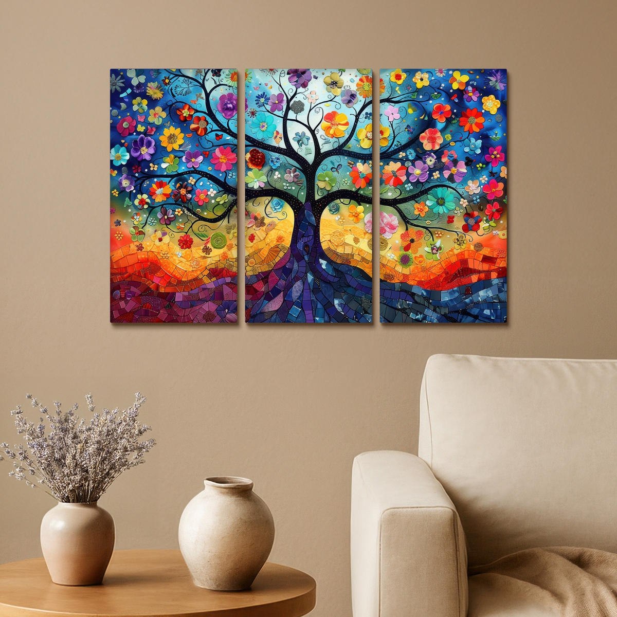 LEINWANDBILD 3er Set Bunt - Baum des Lebens - Blumen - Abstrakt 60x40 cm - Blau, Textil (60/40cm) - MuchoWow