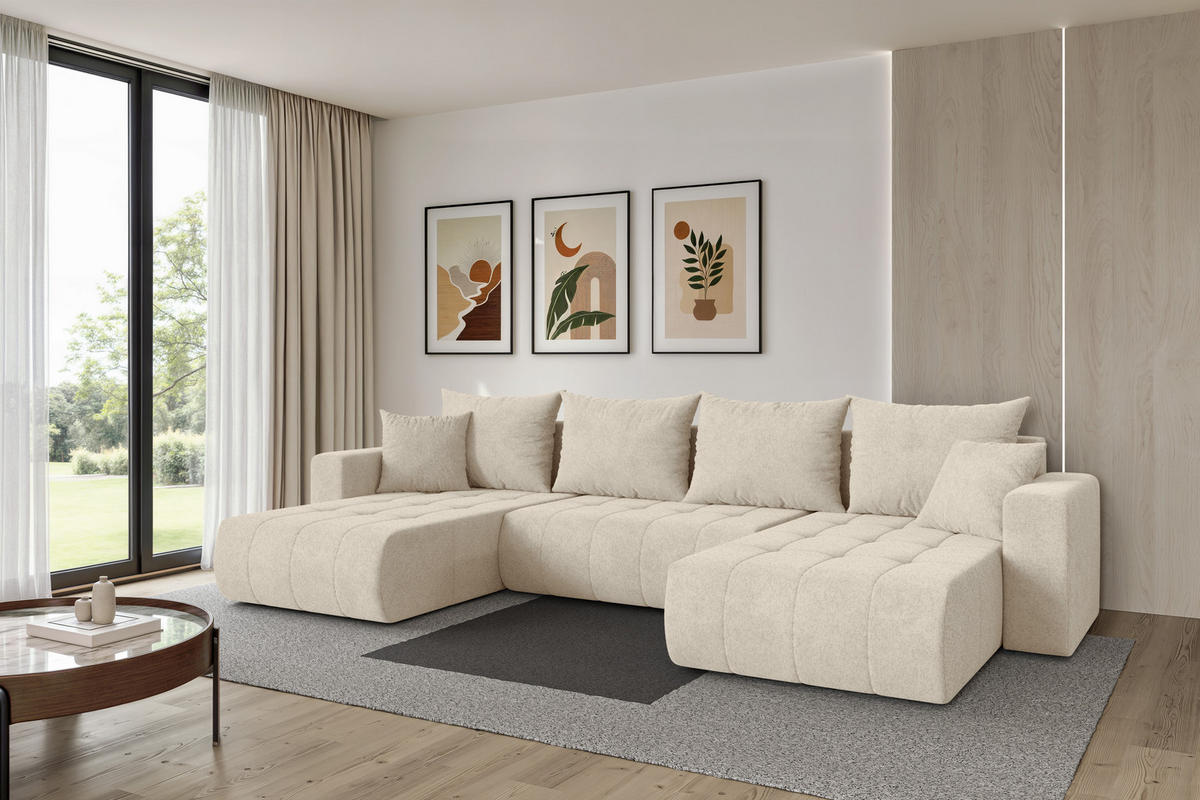 SEDACÍ SOUPRAVA DO U s funkcí spaní a úložným prostorem MILA-U 378x194x86 krémová velur - černá/krémová, kompozitní dřevo/textil (378/86/194cm) - ALTDECOR