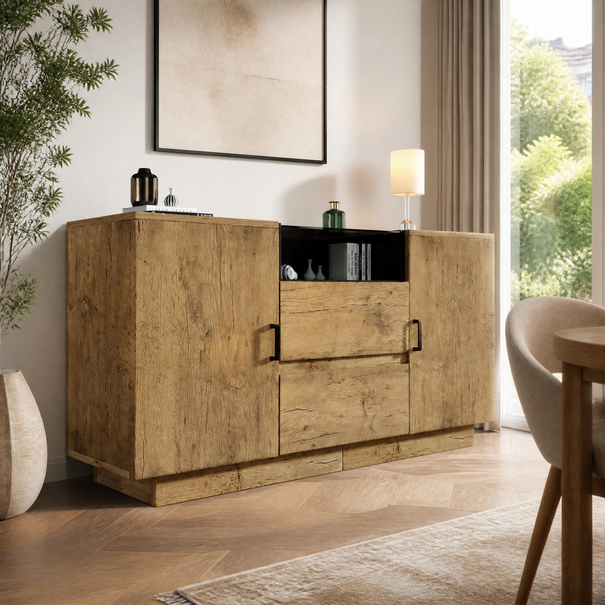 SIDEBOARD 140/40/70 cm s 2 zásuvkami, 2 skříňkami a otevřenou přihrádkou, z ESG skla, Světlý dub - barva dubu, kompozitní dřevo (140/70/40cm) - Redom