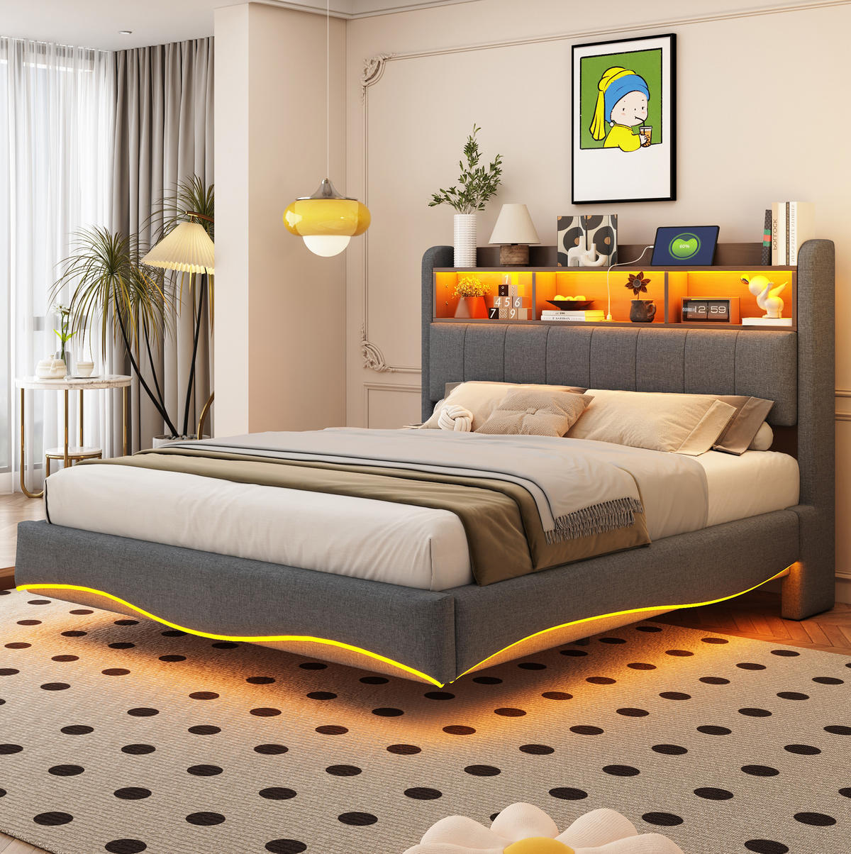 POLSTERBETT mit LED-Beleuchtung 140/200 cm mit USB-C und Stauraum, Grau - Grau, Textil (140/200cm) - BEAOK