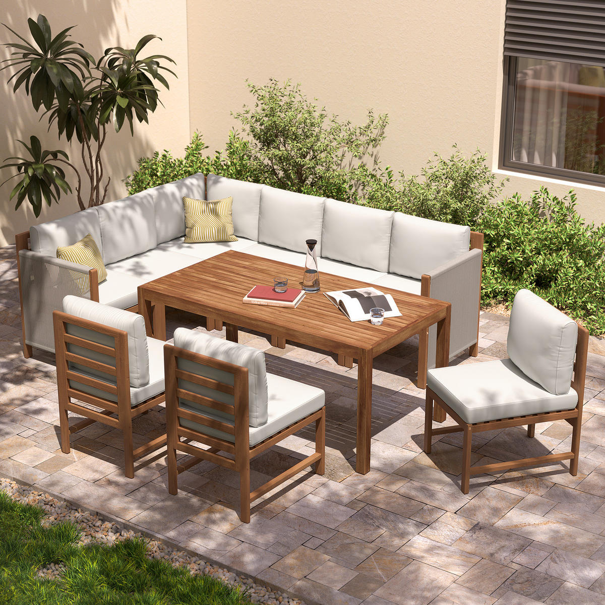 DINING-LOUNGESET - Akazie massiv / Polyester - Braun / Beige - 10-teilig - Beige/Braun, Holz/Textil - home24