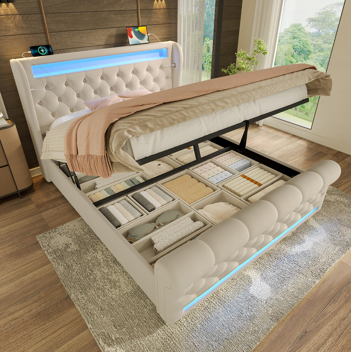 POLSTERBETT 140/200 cm in Beige mit LED-Beleuchtung, Stauraum und Matratze - Beige, Textil (140/200cm) - Flora Grace
