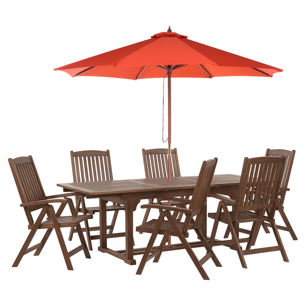 GARTENMÖBEL SET 6-Sitzer mit Sonnenschirm rot Akazienholz dunkelbraun Amantea - Dunkelbraun/Rot, Holz - Beliani