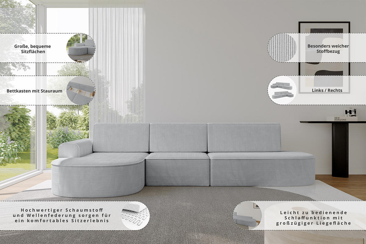 ECKSOFA mit Schlaffunktion Ottomane RECHTS MARI L2-S 368X167X85 Grün Velours - Smaragdgrün/Schwarz, Holzwerkstoff/Kunststoff (167/368cm) - ALTDECOR