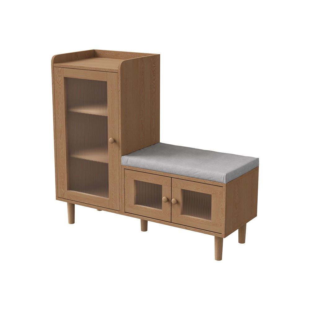 SCHUHSCHRANK mit integrierter Sitzbank - Mehrzweck-Schuhschrank mit geriffelten Glastüren und Sitzkissen - Natur - Nussbaumfarben, Holzwerkstoff (35/69.5/100cm) - DELFA