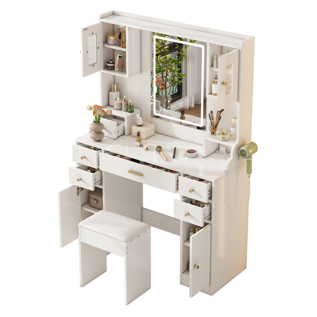 SCHMINKTISCH 105/40/152 cm in Weiß mit LED-Beleuchtung und 6 Schubladen - Weiß, Holzwerkstoff (40/152/105cm) - Flora Grace