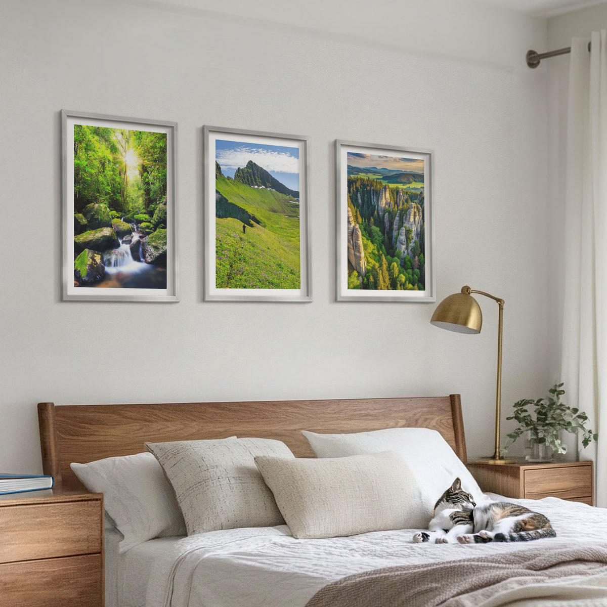 BILDER SET 3er Set - 40x60 cm Silberner Rahmen - Grüne Berge Wasserfallwald - Silberfarben, Kunststoff (40/60cm) - TULUP