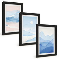 BILDER SET 3er Set - 20x30 cm Schwarzer Rahmen - Aquarell: Blau-rosa Berge - Schwarz, Kunststoff (20/30cm) - TULUP