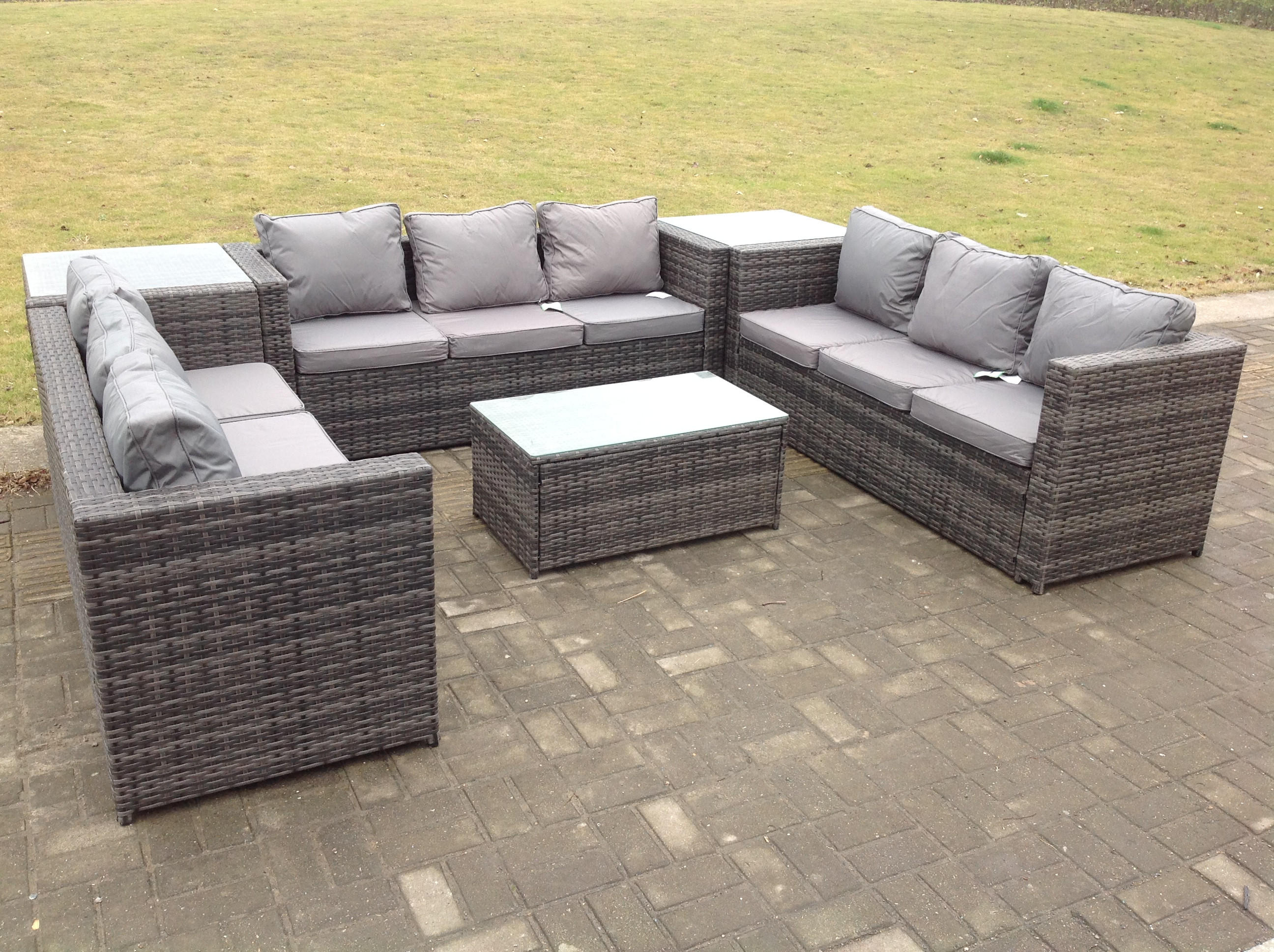 GARTENSET Polyrattan 9-Sitzer - Dunkelgrau/Grau, Glas/Kunststoff - Fimous