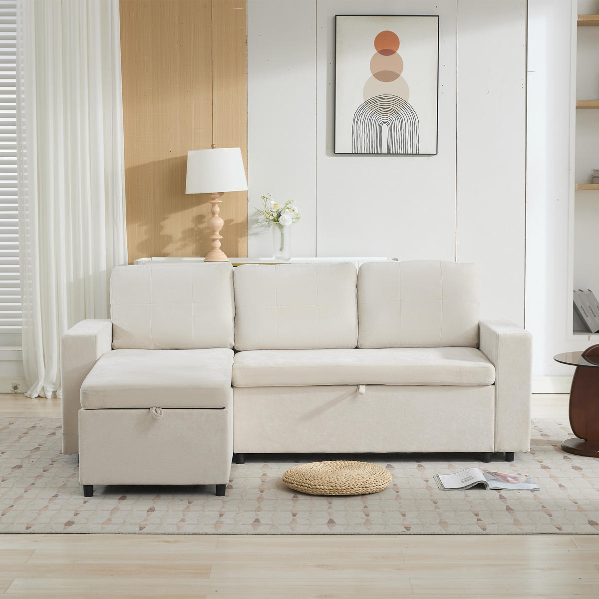ECKSOFA L-Form Stauraum 3-Sitzer Chenille Beige 202cm - Beige, Textil (202/136cm) - FLIEKS
