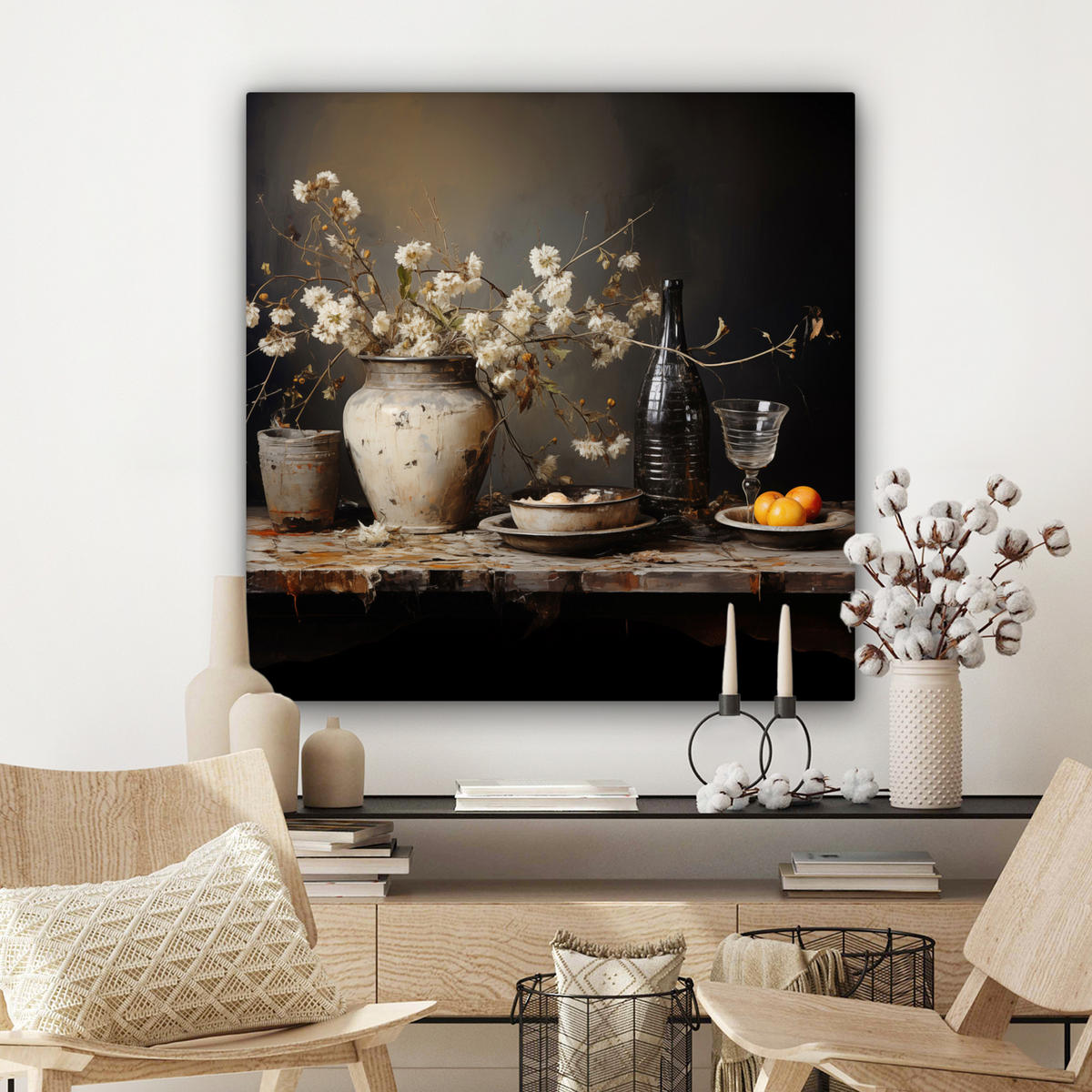 LEINWANDBILD Stilleben - Blumen - Blumenstrauß - Vase - Wein 90x90 cm - Schwarz, Textil (90/90cm) - MuchoWow