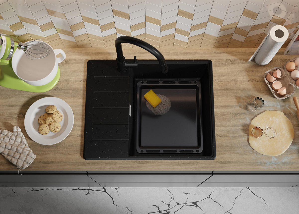 SPÜLBECKEN Kopenhagen, 2-er set Schwarz Metallic 62/50 cm 1 Becken + Ablauf-Set + Schneidebrett ab 50er Unterschrank - Chromfarben/Schwarz Hochglanz, Kunststoff (62/20/50cm) - Primagran