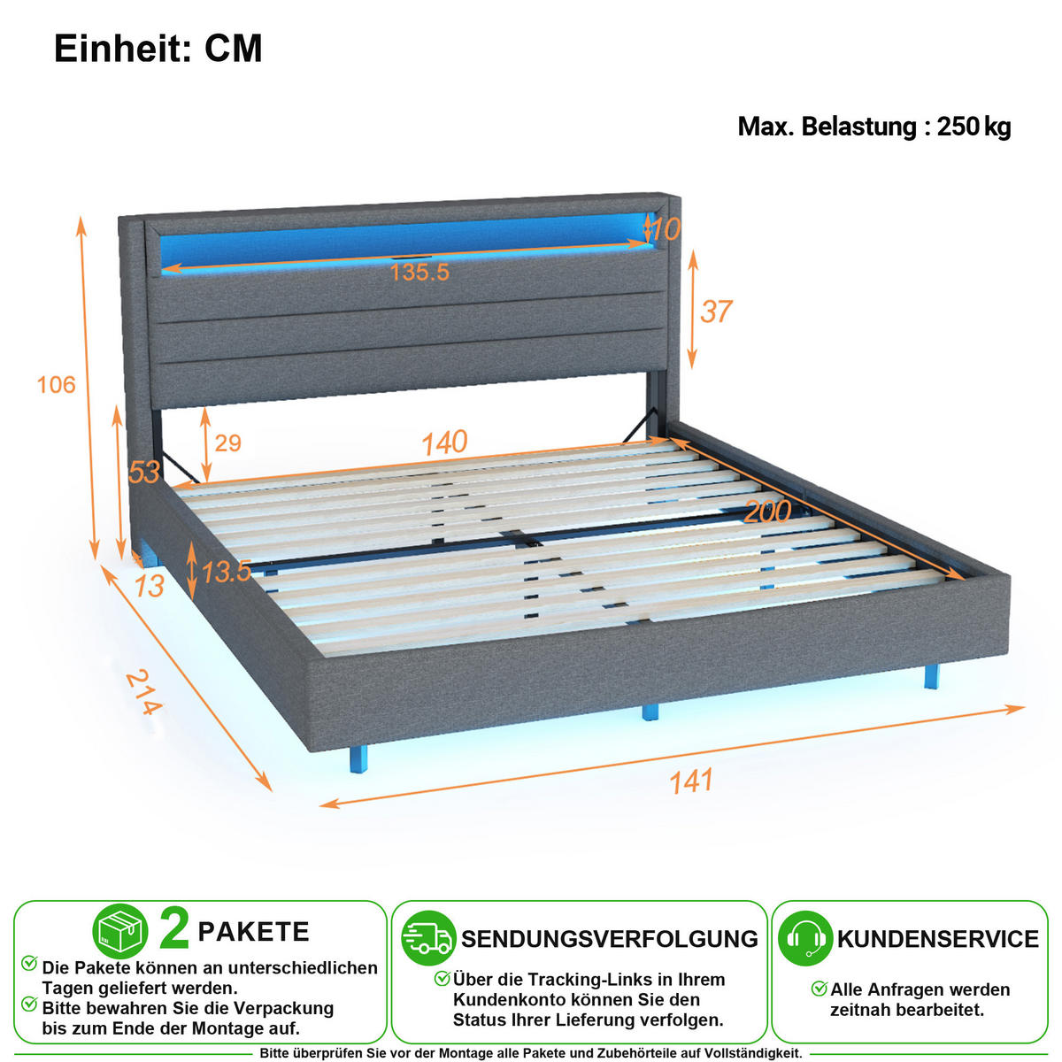 ČALOUNĚNÁ POSTEL 140/200 cm v šedé barvě s LED osvětlením, USB a otočným čelem - šedá, kov/kompozitní dřevo (140/200cm) - CHICFURN