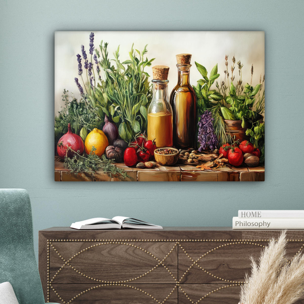 LEINWANDBILD Stilleben - Kräuter - Gewürze - Früchte - Farbenfroh Wandbilder 80x60 cm - Grün, Textil (80/60cm) - MuchoWow