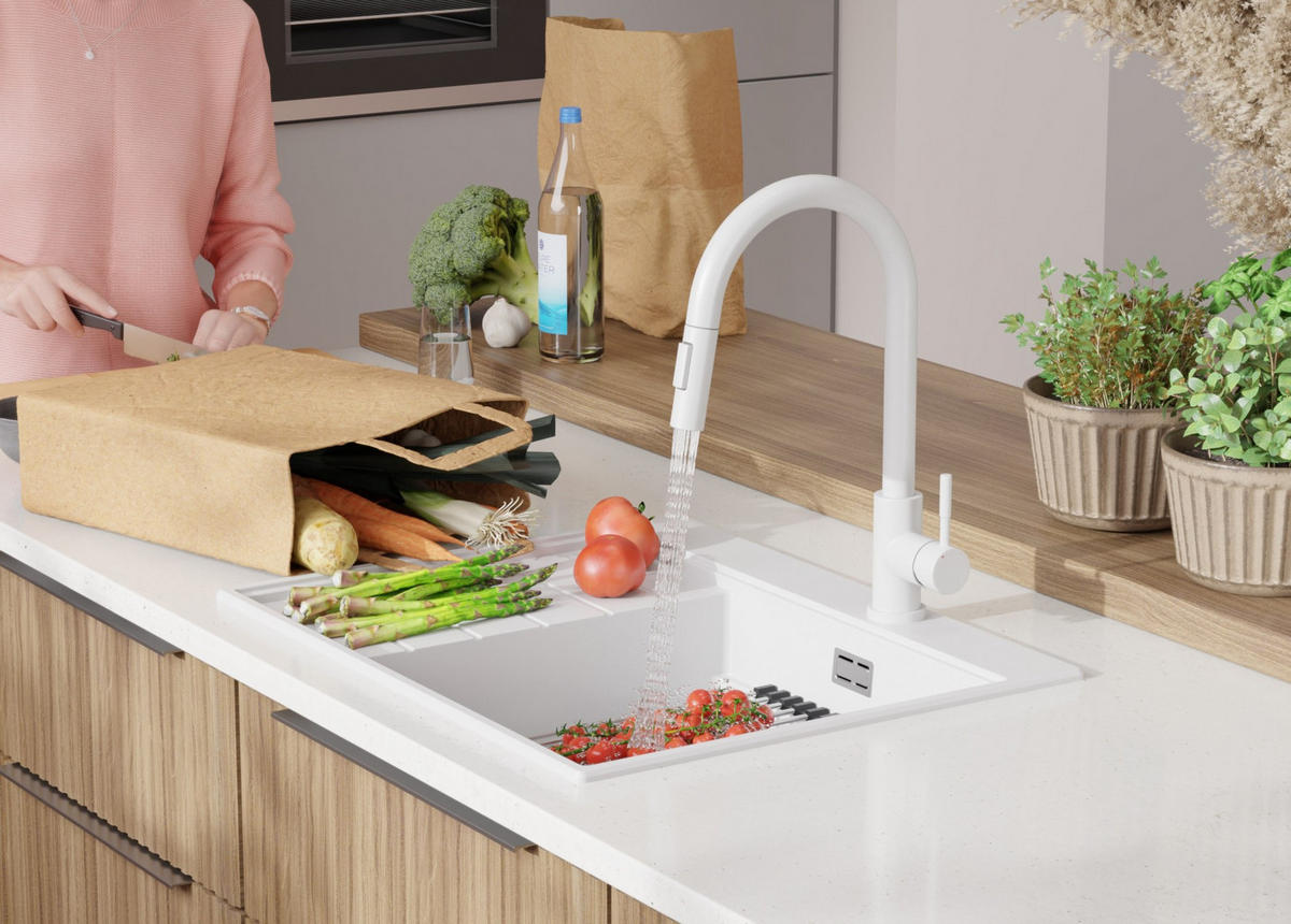 SPÜLBECKEN Sydney, 2-er set Weiß 62/50 cm 1 Becken + Ablauf-Set + Küchenzubehörset ab 45er Unterschrank - Chromfarben/Beige, Kunststoff (62/20/50cm) - Primagran