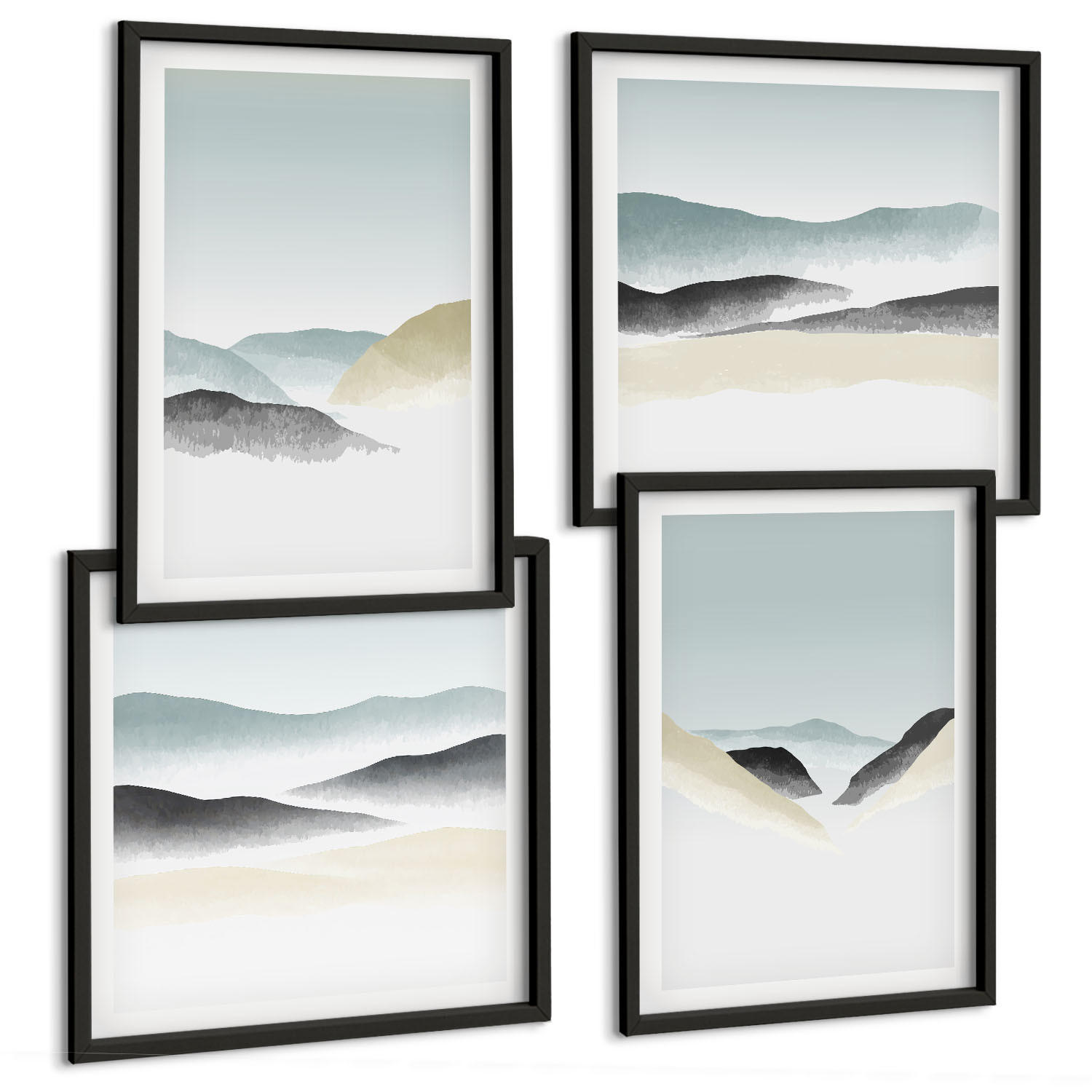 BILDER SET 4er Set - 50x50 cm & 40x60 cm Schwarzer Rahmen - Berge minimalistische Pastellfarben - Schwarz, Kunststoff (50/50cm) - TULUP