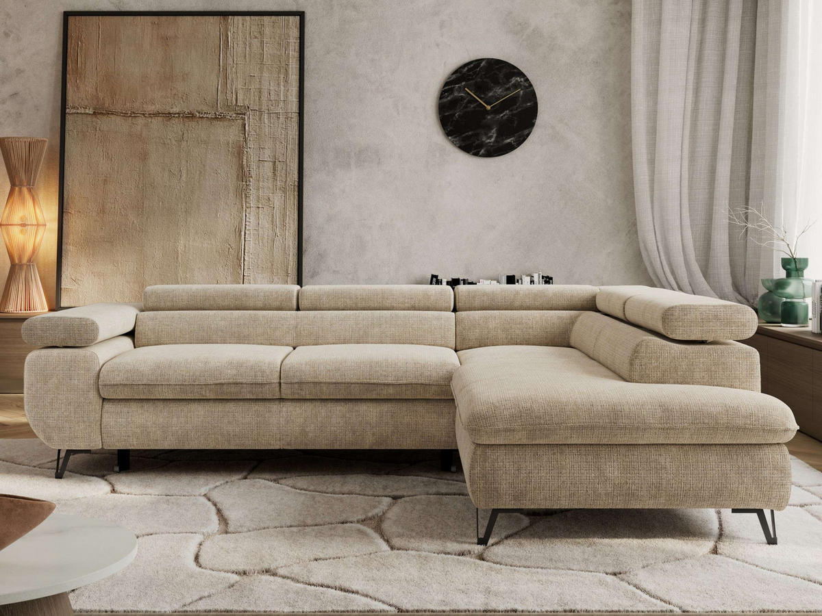 ECKSOFA PABLO L Beige Schenille grob gewebt - Rechts Seite - Beige/Schwarz, Textil/Metall (273/208cm) - MKS