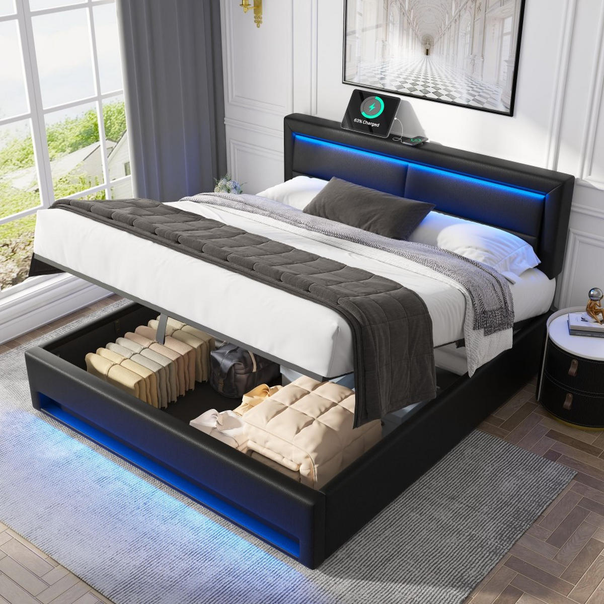 POLSTERBETT 160 x 200 cm mit USB-Anschluss in Schwarz PU - Schwarz, Holz/Textil (160/200cm) - KOMHTOM