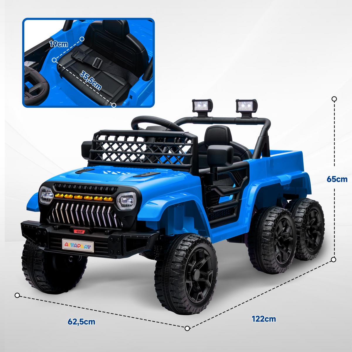 ELEKTRISCHES Kinderauto 12V, mit Anhänger, LED-Lichtern, Musik und Hupe, für Kinder im Alter von 3-8 Jahren, Hellblau - Hellblau, Kunststoff/Metall (122/62.5/65cm) - AIYAPLAY