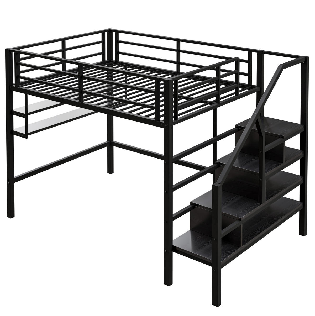 HOCHBETT 140/200 cm in Schwarz – mit Stauraumleiter und Regalfächern - Schwarz, Metall (140/200cm) - BEAOK