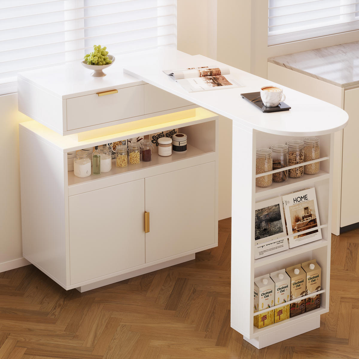 BARTISCH Weiß LED ausziehbar Stauraum 360° mobil 115-183cm - Weiß, Holzwerkstoff (183/40/99cm) - FLIEKS