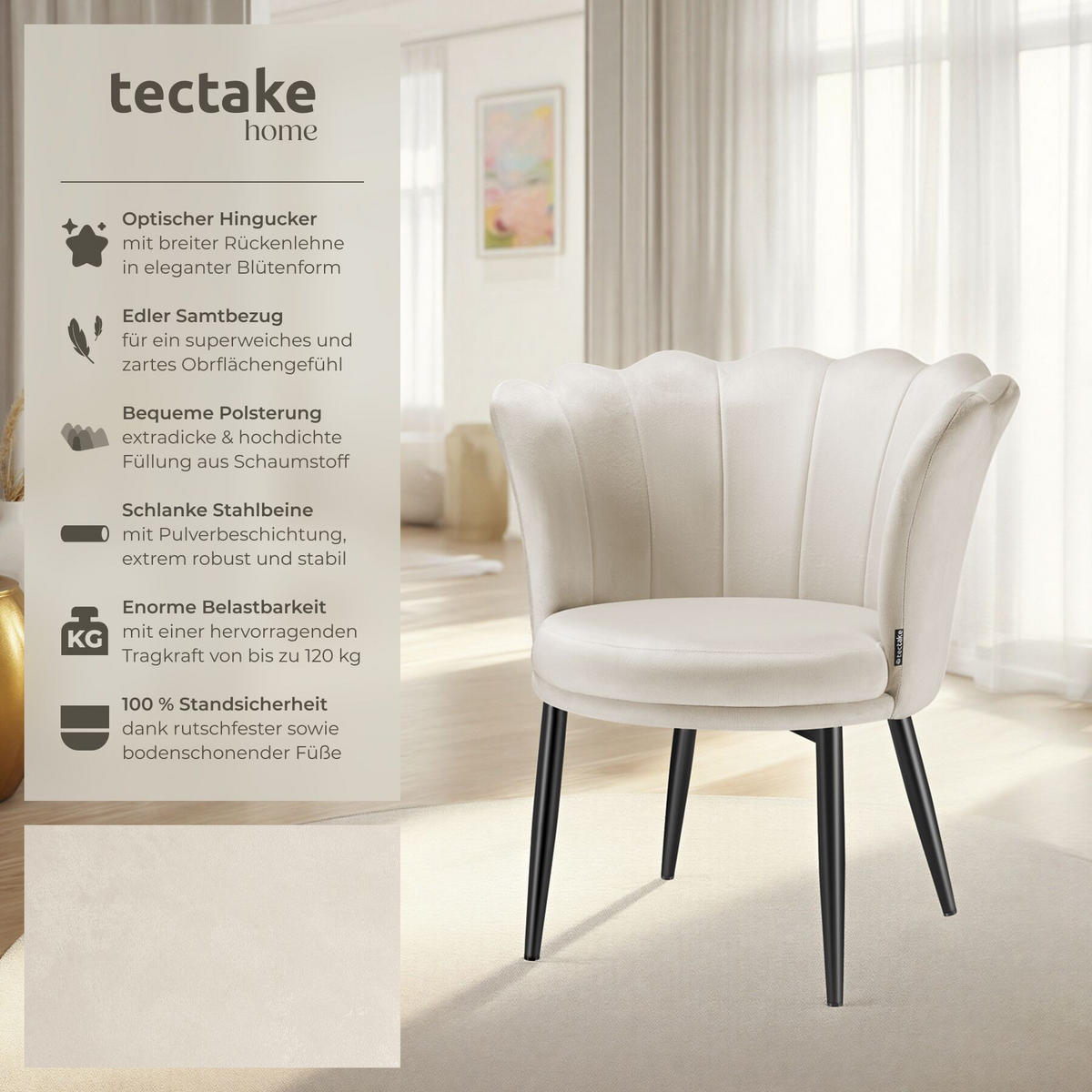 SESSEL Stella,67 x 64 x 76 cm,Samtoptik creme/schwarz - Schwarz/Samtahornfarben, Textil (67/76/64cm) - tectake