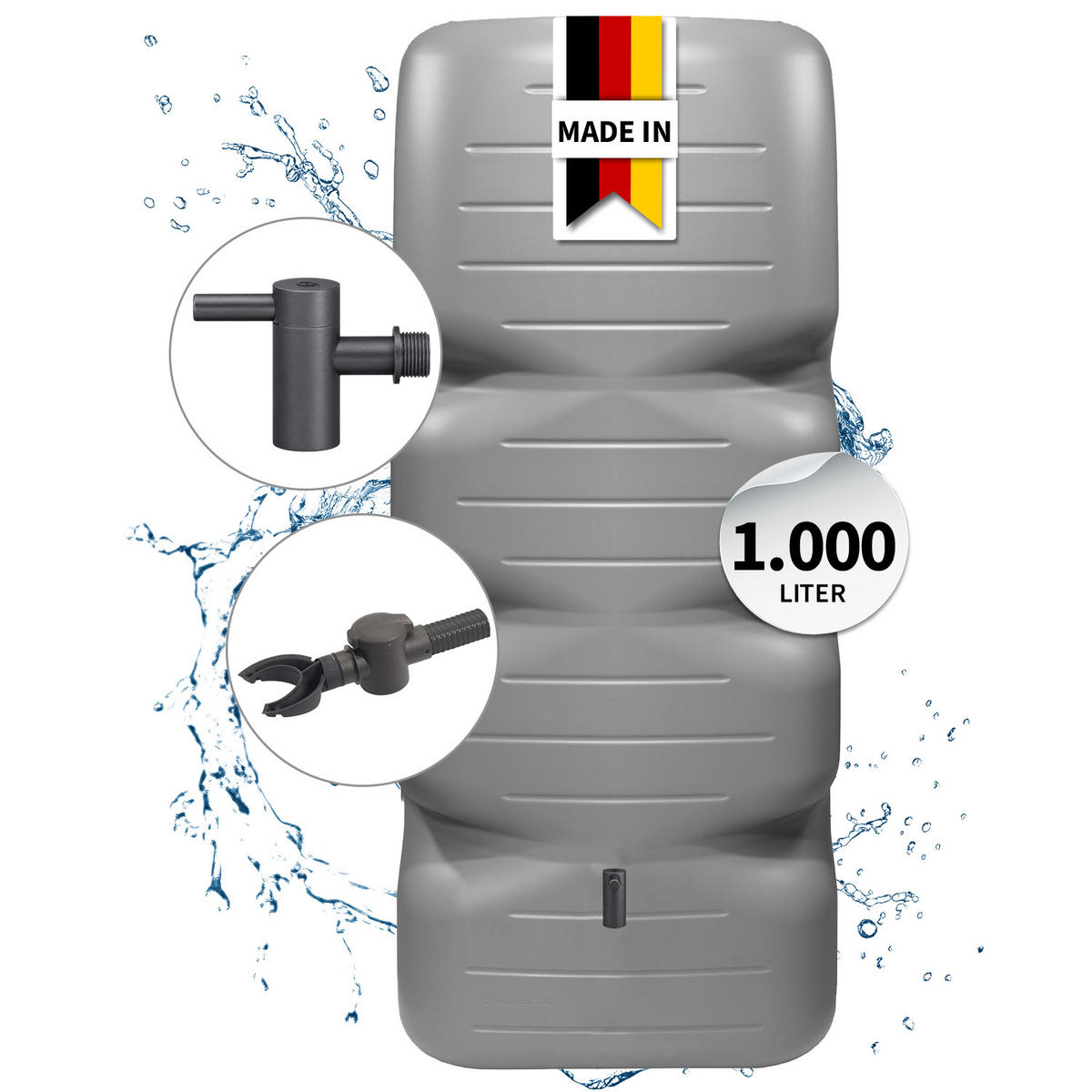 REGENTONNE Komplett-Set 1000 L, betongrau inkl. Kunststoff-Auslaufhahn und Fallrohranschluss - Grau, Kunststoff (80/184/80cm) - GARANTIA