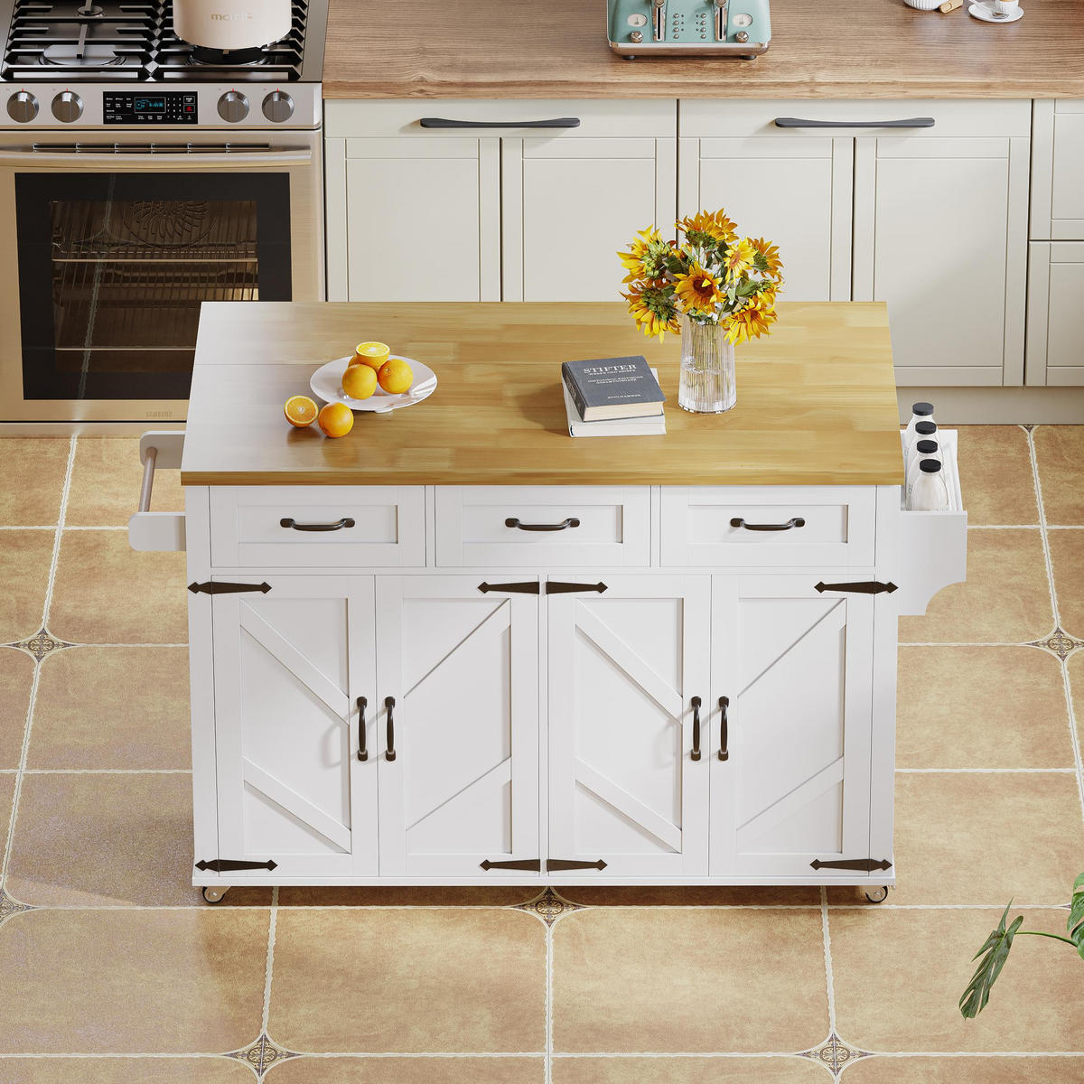 KÜCHENINSEL Klapptisch 140/43(70)/90.5 cm, Scheunenstil, Rollen, Stauraum - Weiß, Holzwerkstoff (140/90.5/70cm) - EVRYAE