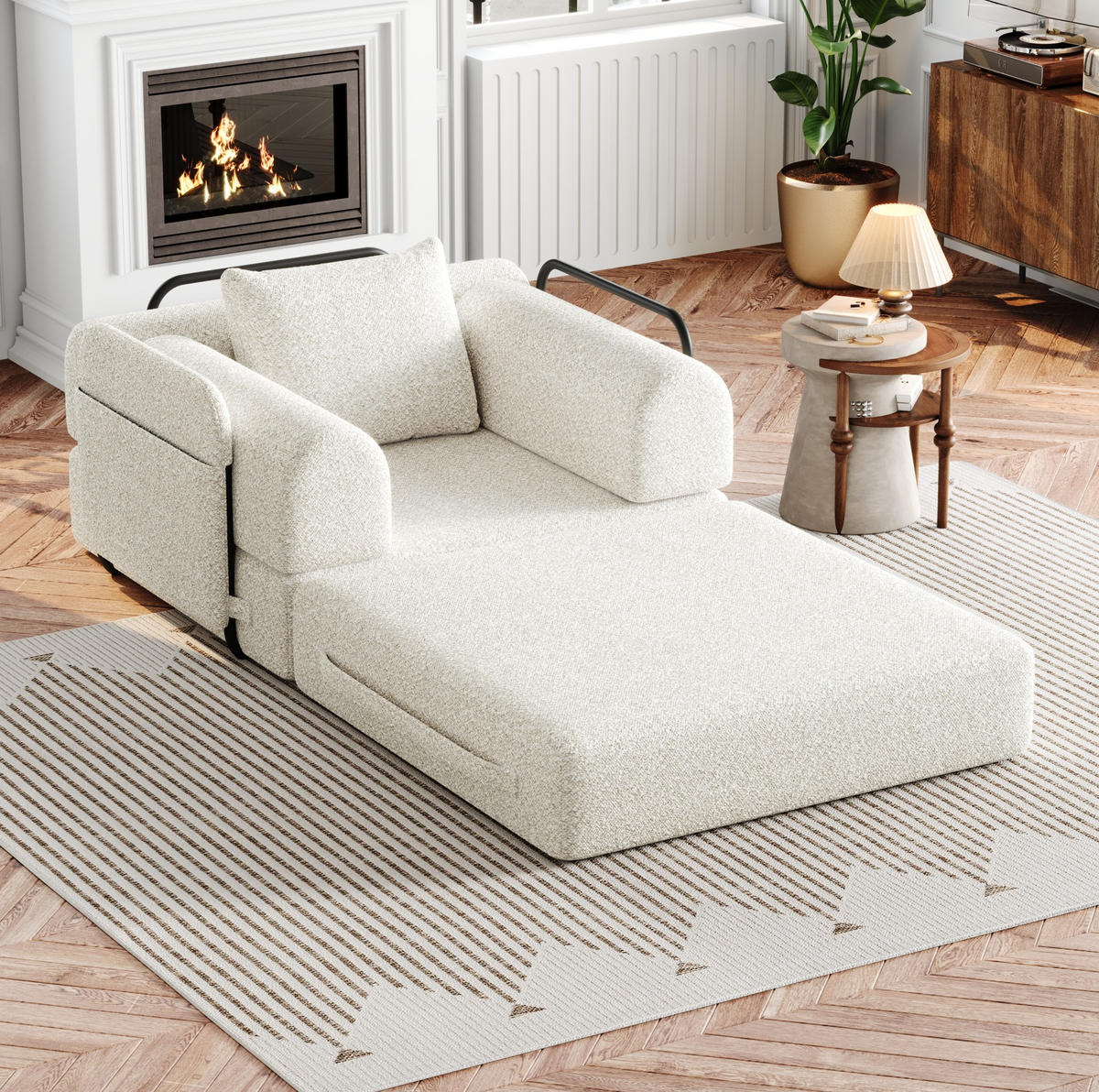 SCHLAFSOFA aus Chenille Beige 2-in-1 mit Armlehnen-Ablagefach und Stahlrahmen - Beige, Textil (94/50/182cm) - Modfu