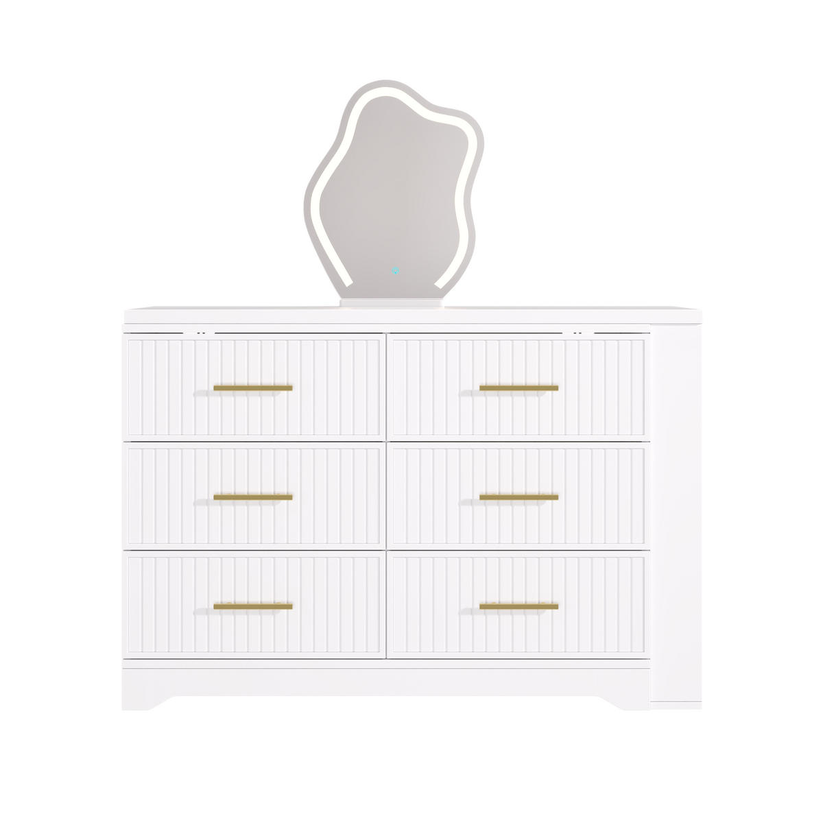 SCHMINKTISCH Drehbar L-Form Weiß Gold LED-Spiegel 6 Schubladen - Weiß, Holzwerkstoff (110/129/40cm) - Urban Meuble