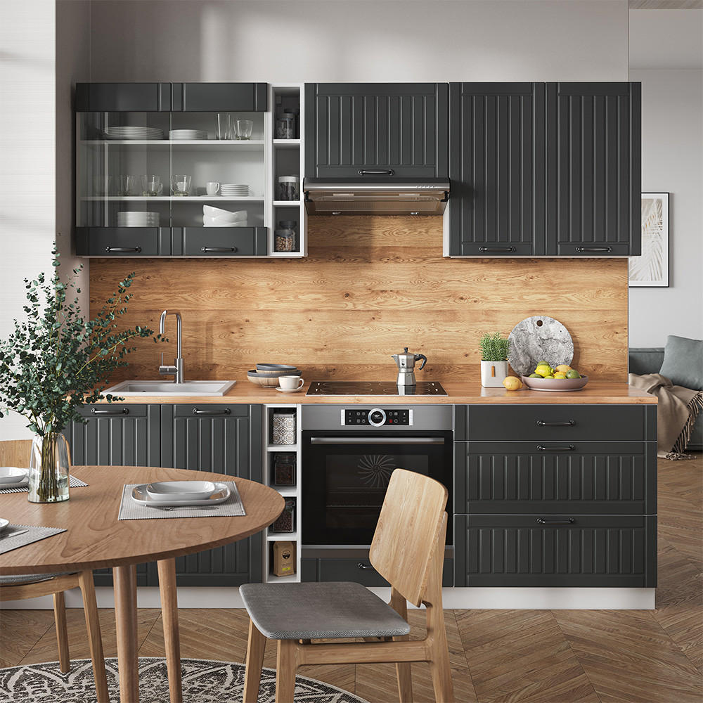 KÜCHENZEILE Fame-Line Anthrazit Landhaus/Weiß 235 cm, AP Anthrazit - Anthrazit/Weiß, Holzwerkstoff (235/81.6/60cm) - Vicco