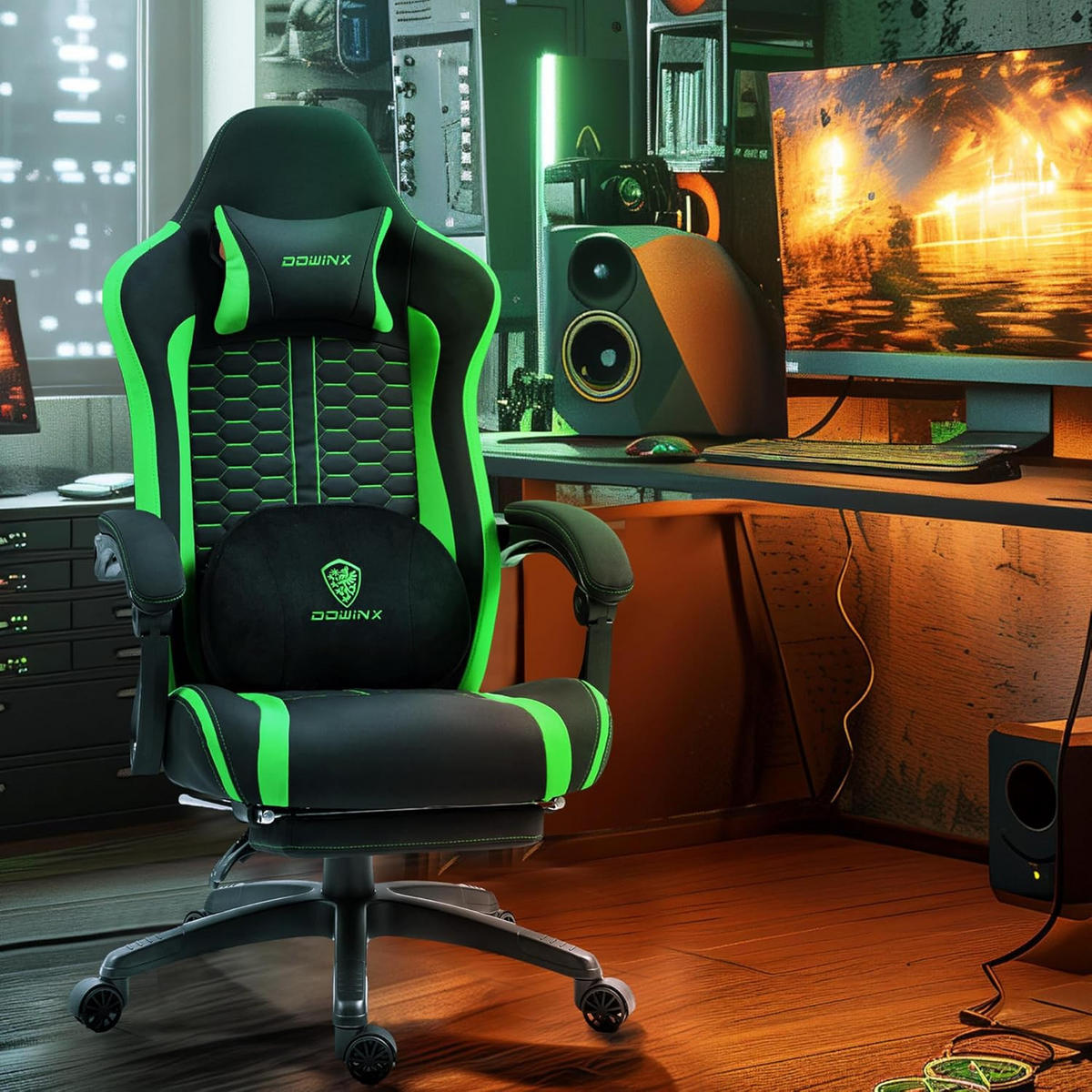 GAMINGSTUHL & Beheizter Massage Lendenwirbelstütze Fußstütze - Grün, Leder (69/128/69cm)