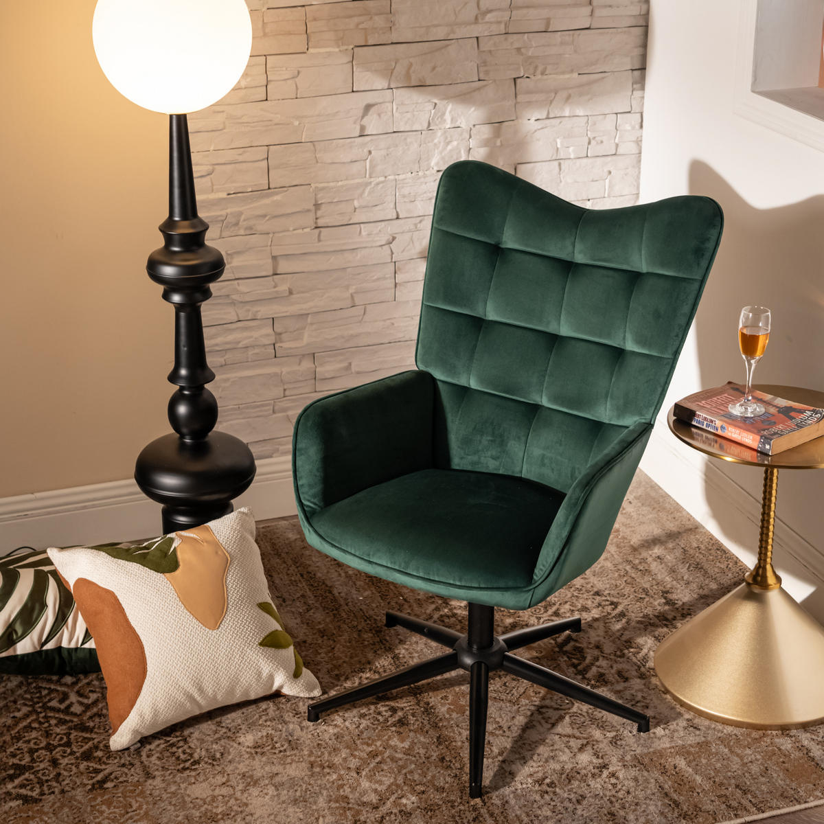 SESSEL höhenverstellbar, Grün Samt - Dunkelgrün/Schwarz, Holz/Textil (70/107/68cm) - Urban Meuble