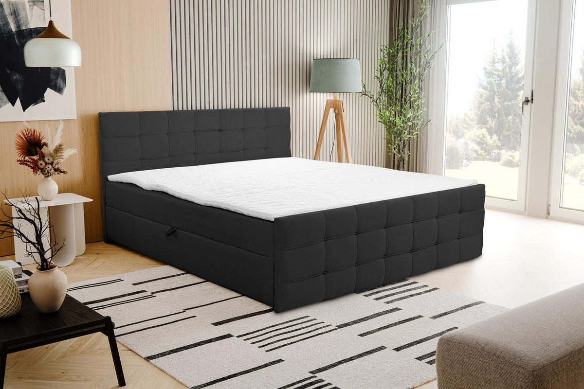 BOXBETT NATALIE mit 2 Bettkästen, 160x200, Farbe: Schwarz, Velourstoff, mit Bonell-Matratze inkl. Topper - Schwarz, Holz/Kunststoff (160/200cm) - VENASI MÖBEL