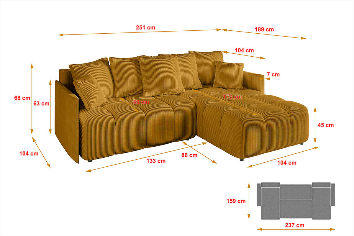 ECKSOFA Ottomane rechts LONLI-L 251x189x68 Currygelb Cord - Currygelb, Holzwerkstoff/Kunststoff (189/251cm) - ALTDECOR