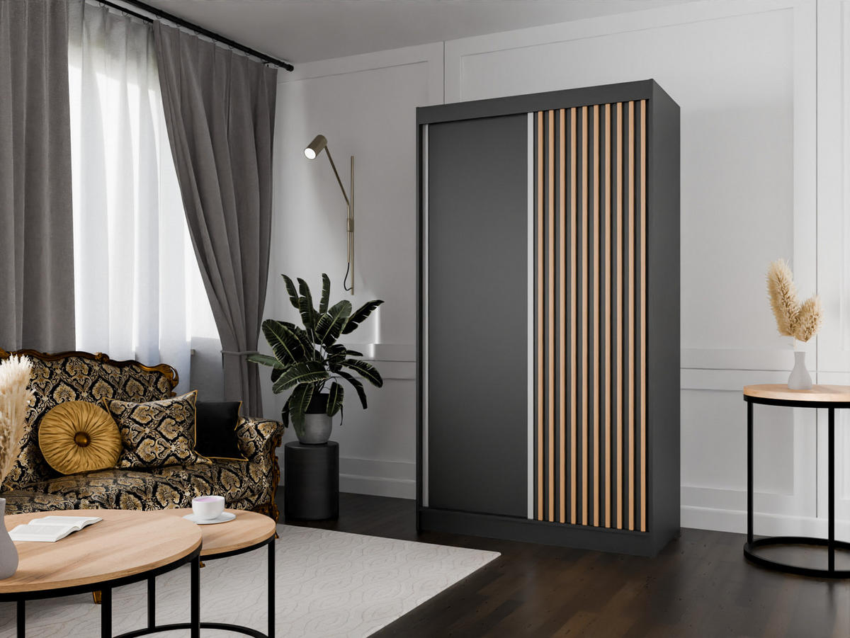 SCHIEBETÜRENSCHRANK LAMELIS - Eiche Wotan/Schwarz, Holzwerkstoff (120/215/61cm) - Meblini