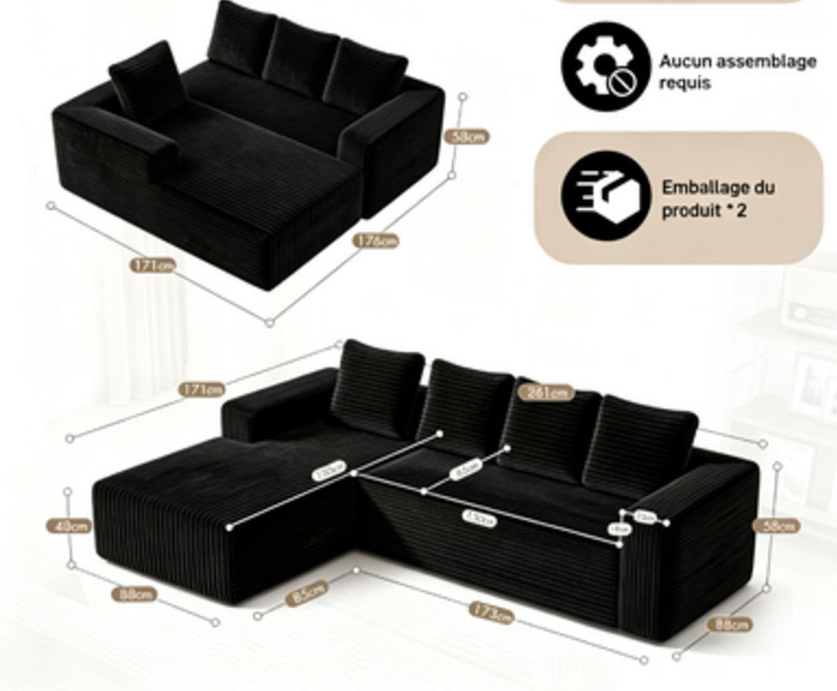 ECKSCHLAFSOFA aus Cord 261x168x58 cm mit Chaiselongue und ohne Montage, schwarz - Schwarz, Textil (261/168cm) - Luhomfu