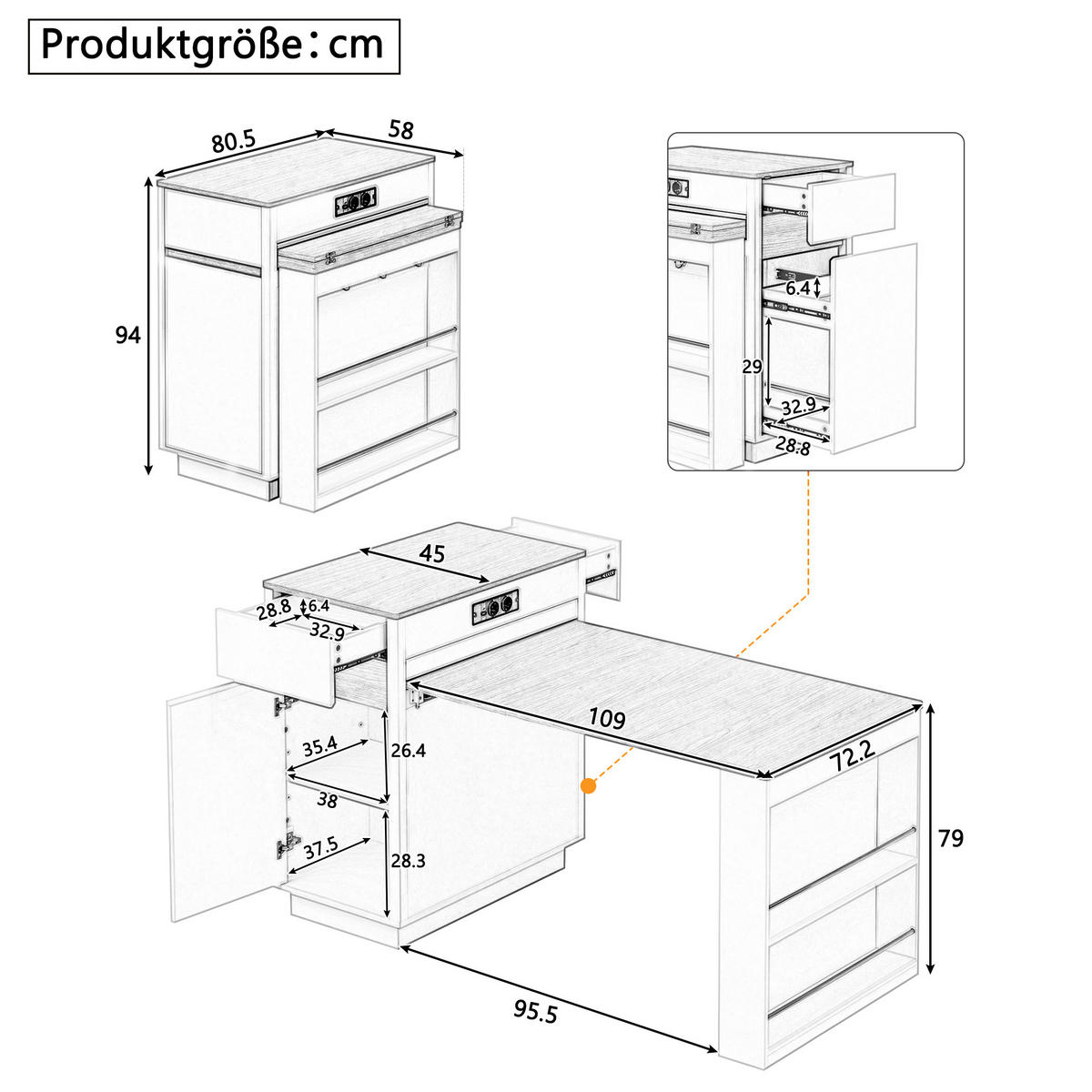 KÜCHENINSEL ausziehbar 58-154/80,5/94 cm mit LED DE-39572 Weiß - Weiß, Holzwerkstoff (80.5/94/58cm) - ComfortXL