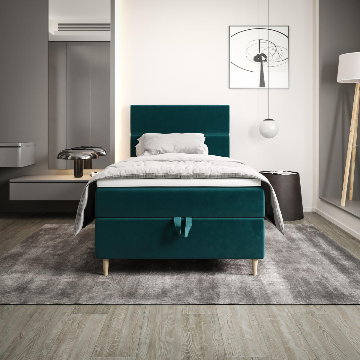 BOXBETT FLO 100x200 Itaka 39, mit Matratze H3, Bonell und Topper, Türkis - Türkis, Holz/Textil (100/200cm) - Bedante