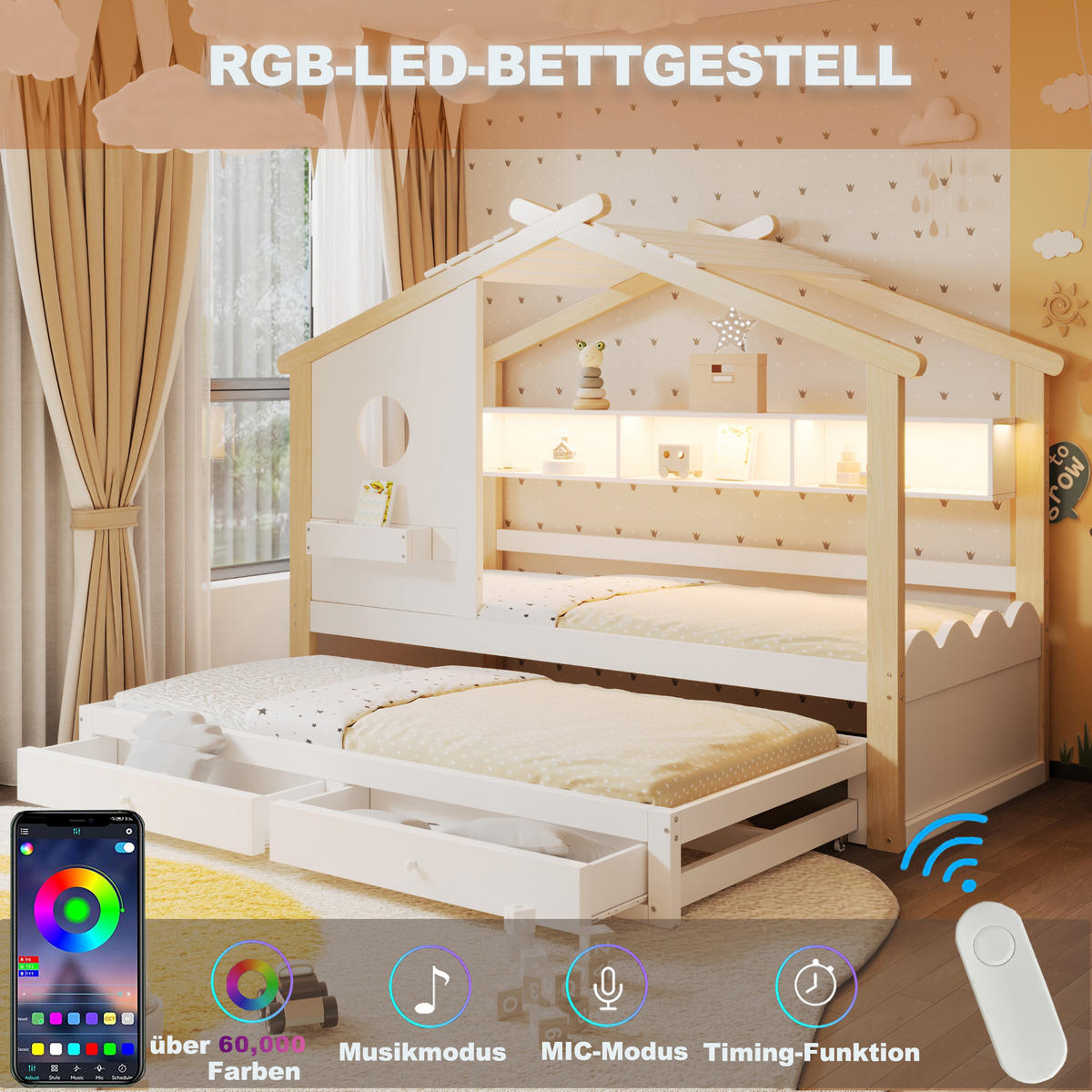 KINDERBETT 90x200 cm Rollbett LED weiß - Weiß, Holz (90/200cm) - LEBENLANG
