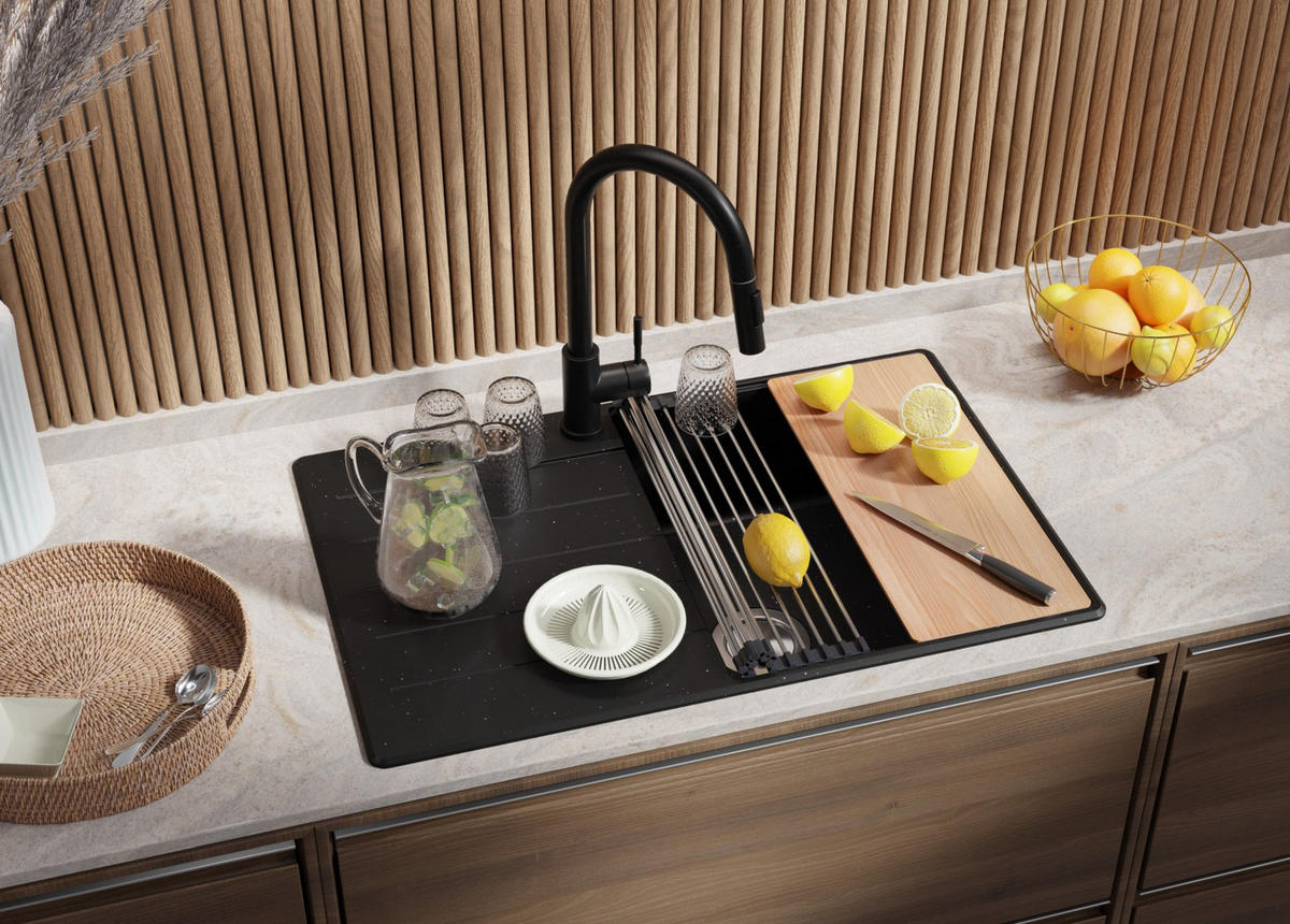 SPÜLBECKEN Kopenhagen, 2-er set Schwarz Metallic 78/50 cm 1 Becken + Ablauf-Set + Schneidebrett ab 50er Unterschrank - Chromfarben/Schwarz Hochglanz, Kunststoff (78/20/50cm) - Primagran