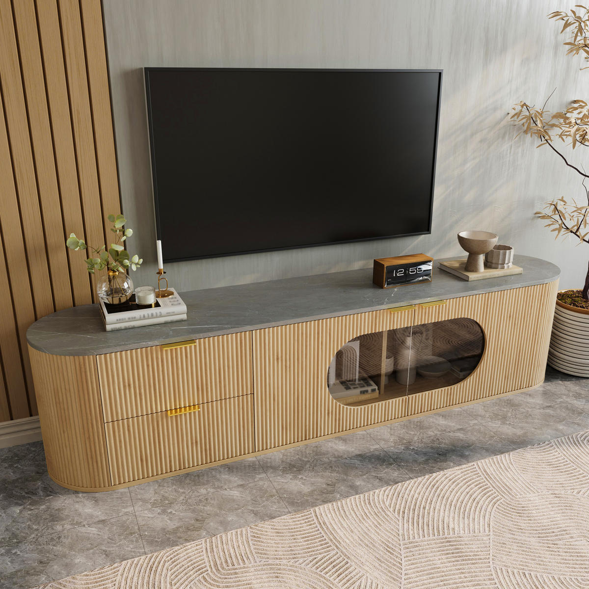 TV-SCHRANK Lowboard Holzoptik 3D Streifen Glasvitrine - Naturfarben, Holz (172/45.5/38cm) - LEBENLANG