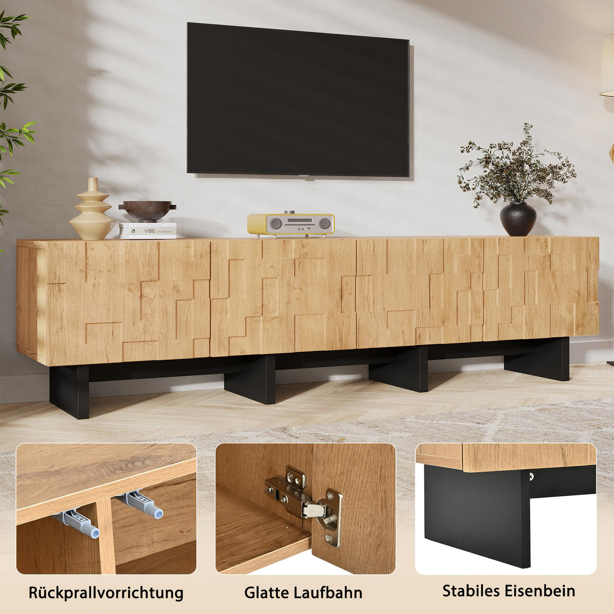 TV-BÄNK Naturträoptik 180 cm för 75 tums TV med 4 våffelmönstrade dörrar - Naturfärgad, Träbaserade material (180/45/38.5cm) - Urban Meuble