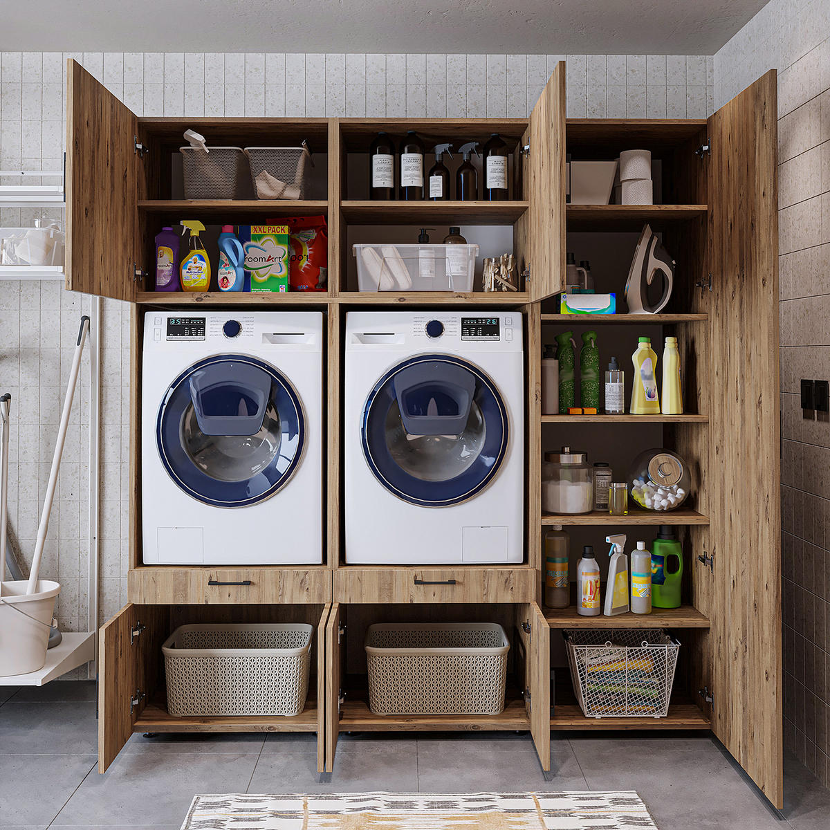 WASCHMASCHINENSCHRANK Serie 3 194cm Breit, 205cm Hoch - Eichefarben, Holzwerkstoff (194/205/67cm)