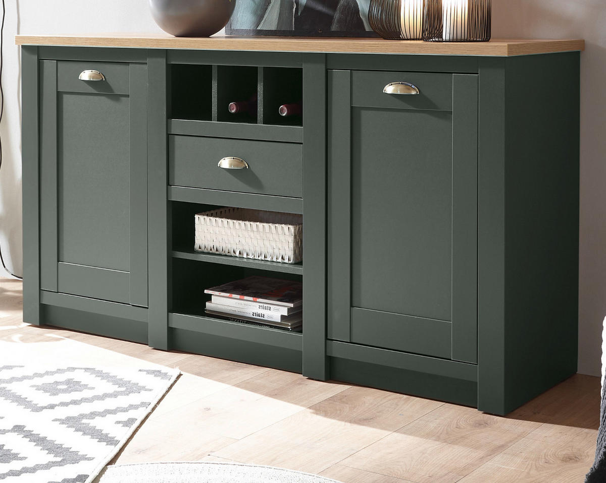 SIDEBOARD grün, Wotan Eiche Landhaus, Kommode mit Weinregal - Dunkelgrün/Messingfarben, Holzwerkstoff/Metall (145/83/41cm) - Furn.Design