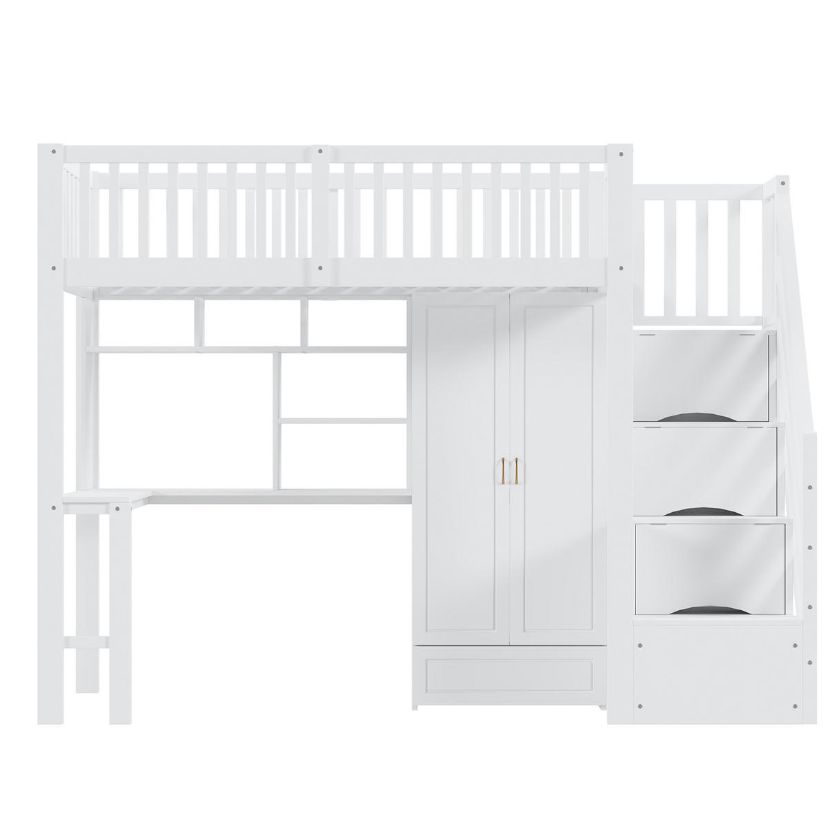 HOCHBETT 90/200 cm aus Kiefernholz mit Kleiderschrank, Schreibtisch und Stauraumtreppe Weiß - Weiß, Holz (90/200cm) - Modenvie