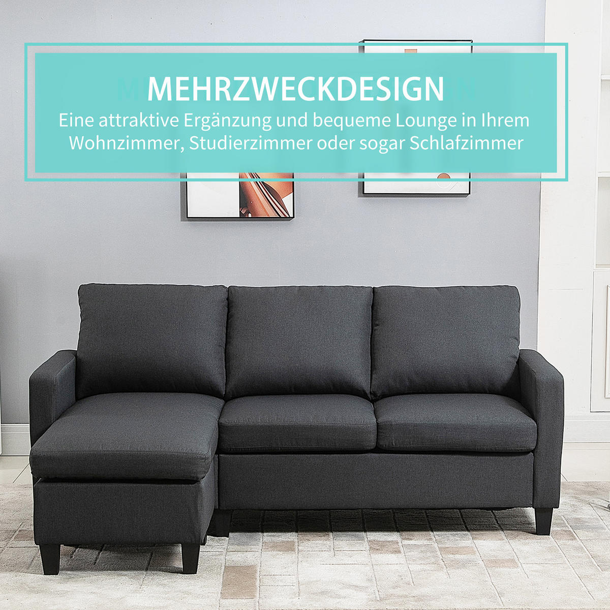 ECKSOFA L-Form Couchgarnitur mit wendbarer Chaiselongue Leinen - Dunkelgrau/Schwarz, Kunststoff/Textil (139/197cm) - HOMCOM